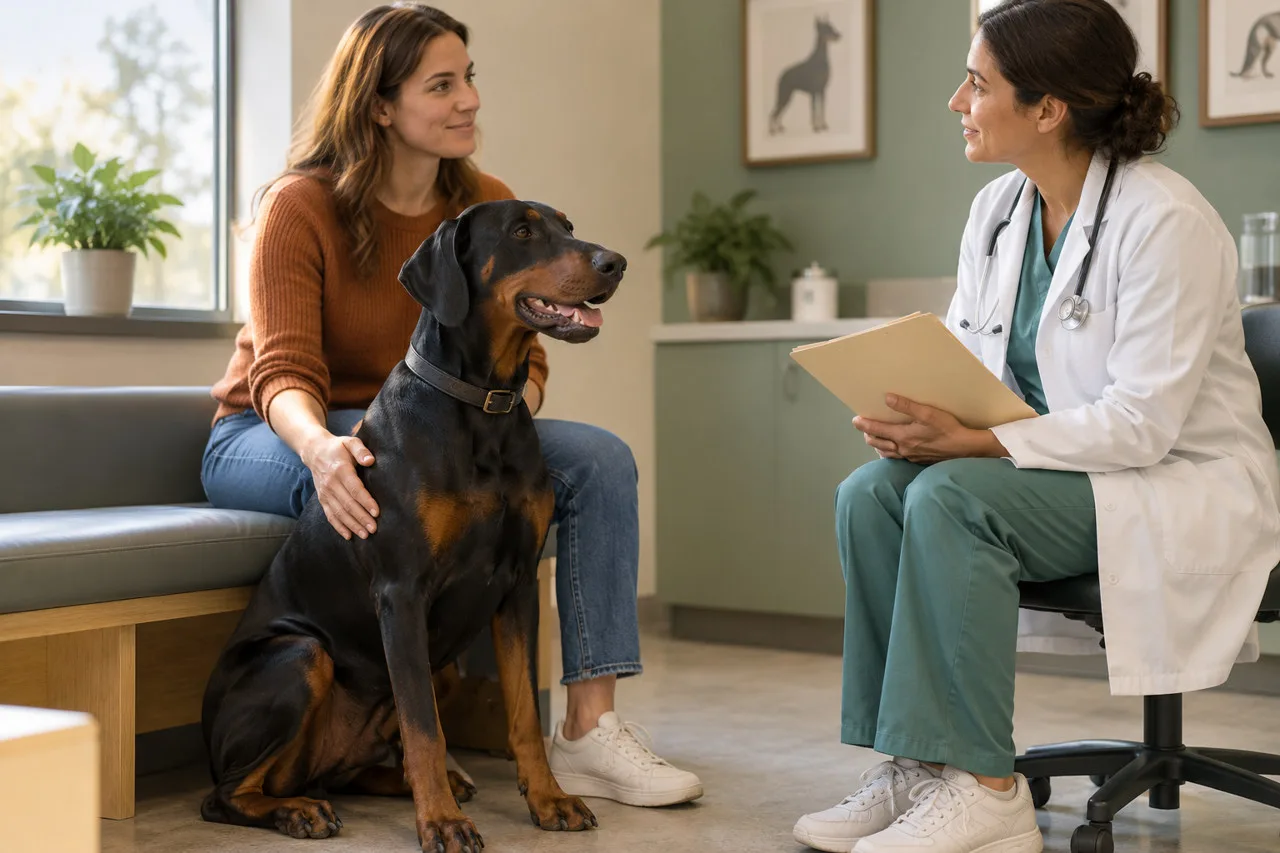 Veterinarian consulting an owner beside a black-and-tan dog