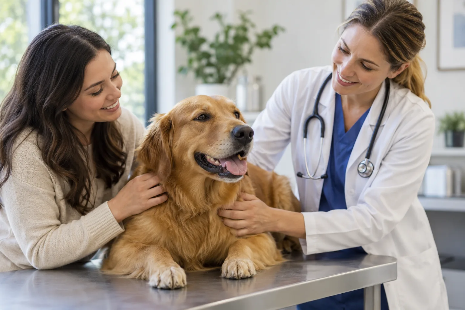 Veterinarian and owner with a dog during a calm examination